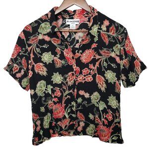 VNTG Joan Leslie Floral Blouse Top Womens Size 6P Black Short Sleeve Button Up